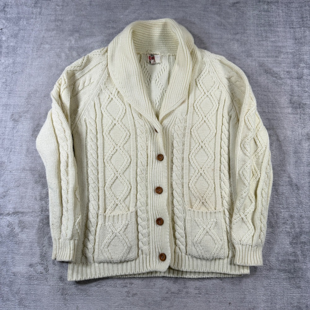Vintage Kari Lynn Original Sweater Women Large White Chunky Cable Knit Cardigan